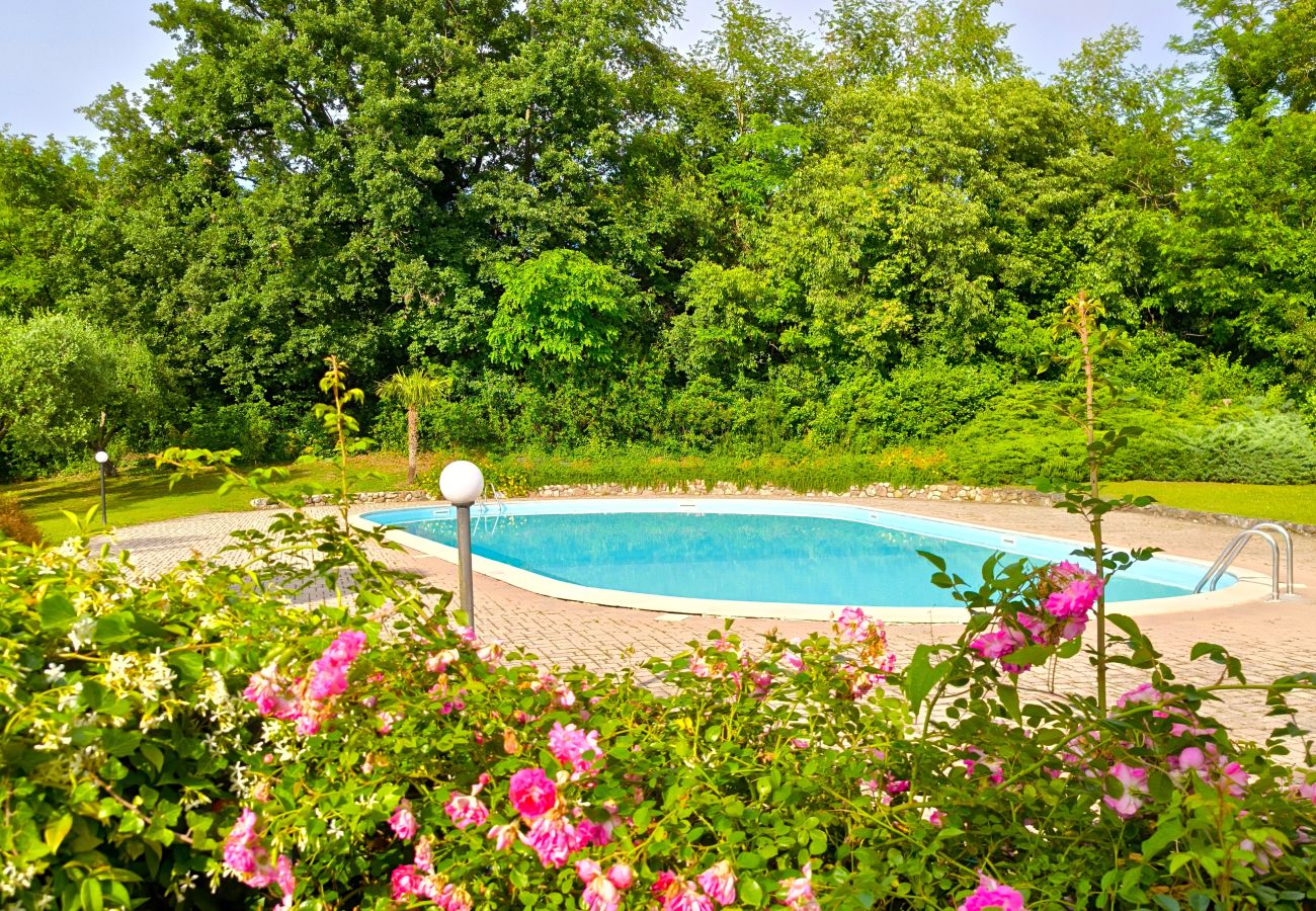 Piscina condominiale circondata da fiori e alberi nell’appartamento a Ponti sul Mincio